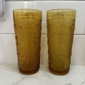 2 Vintage‎ Amber Glass American Concord Brockway Daisy Tiara Tumblers MCM
